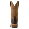 Brown cowboy boot with intricate stitching on a white background