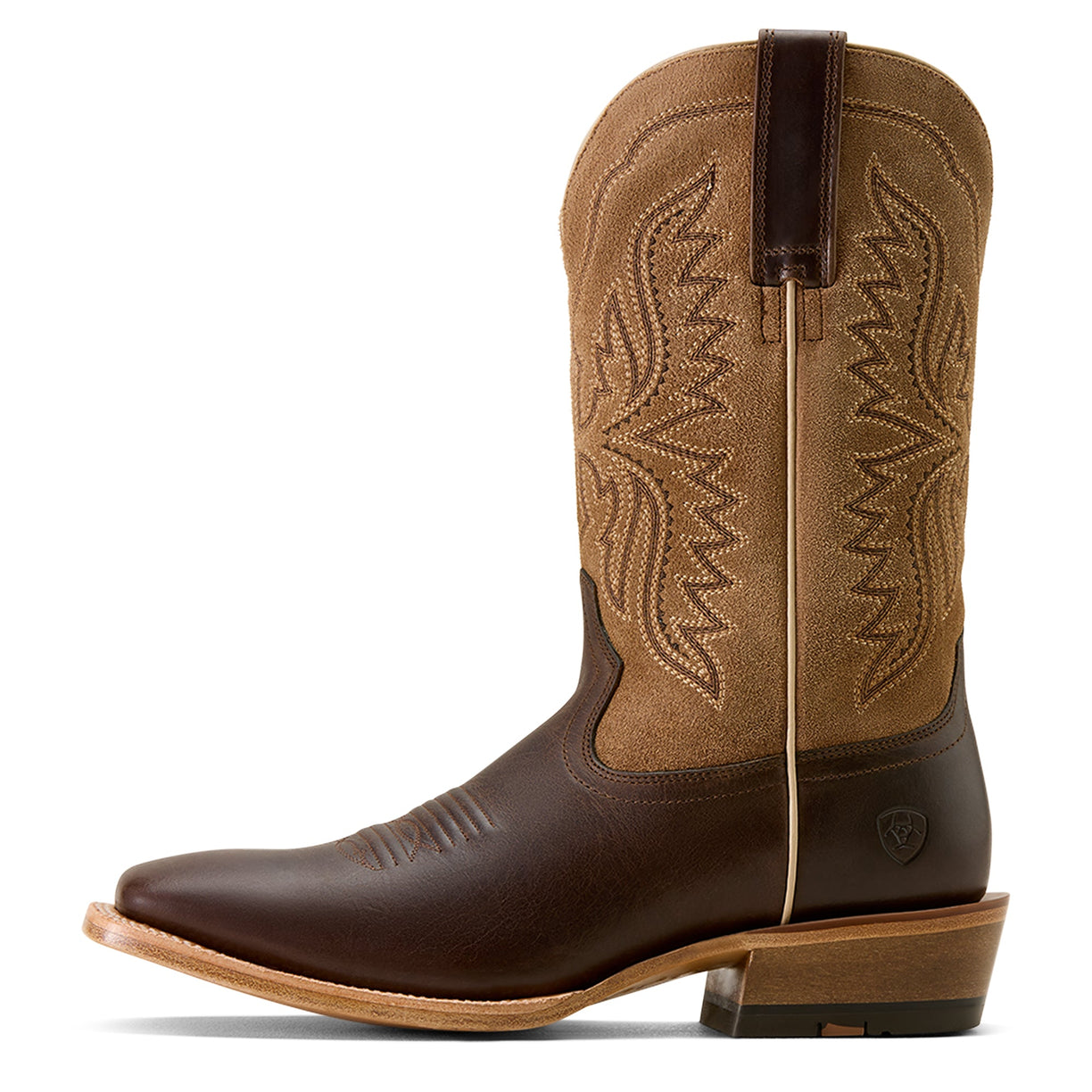 Brown and tan cowboy boot with intricate stitching on a white background