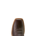 Brown leather boot with decorative stitching on a white background