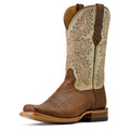 Brown and beige cowboy boot with intricate patterns on a white background