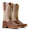 Pair of brown and beige cowboy boots with intricate patterns on a white background