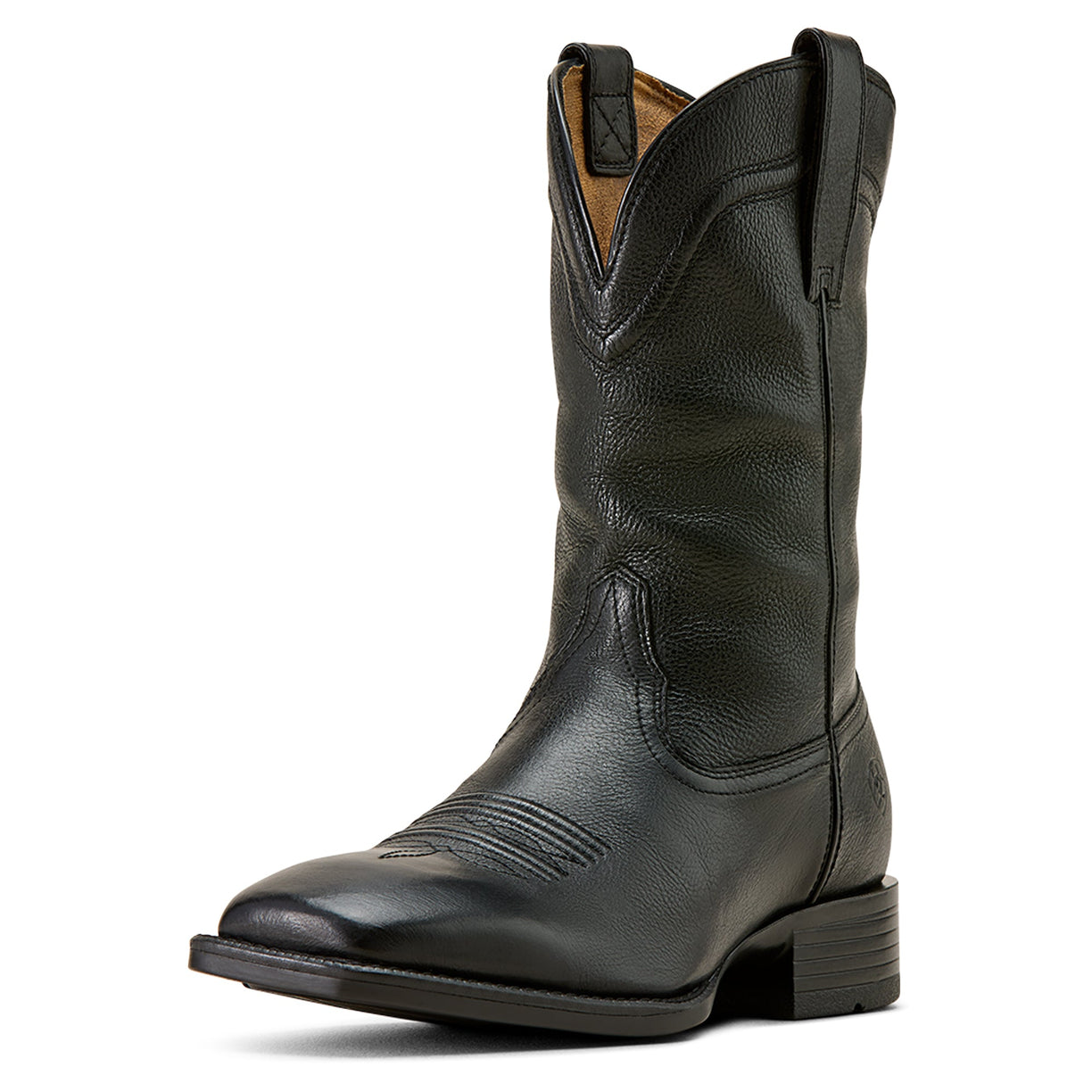 Black leather cowboy boot on a white background