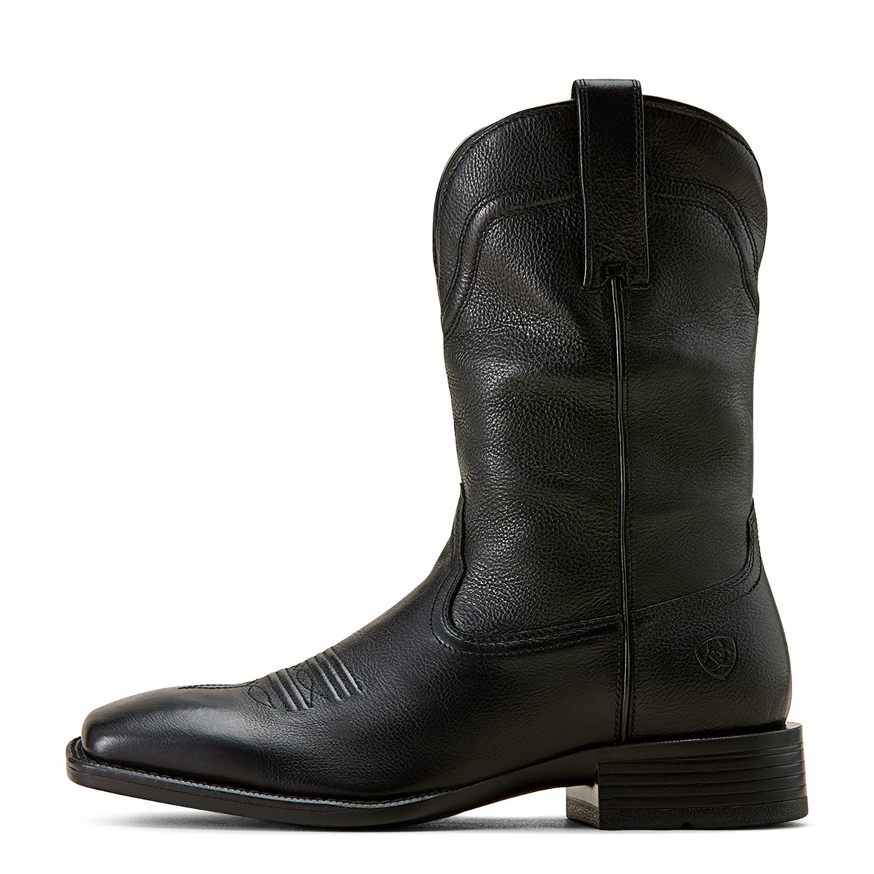 Black leather boot on a white background