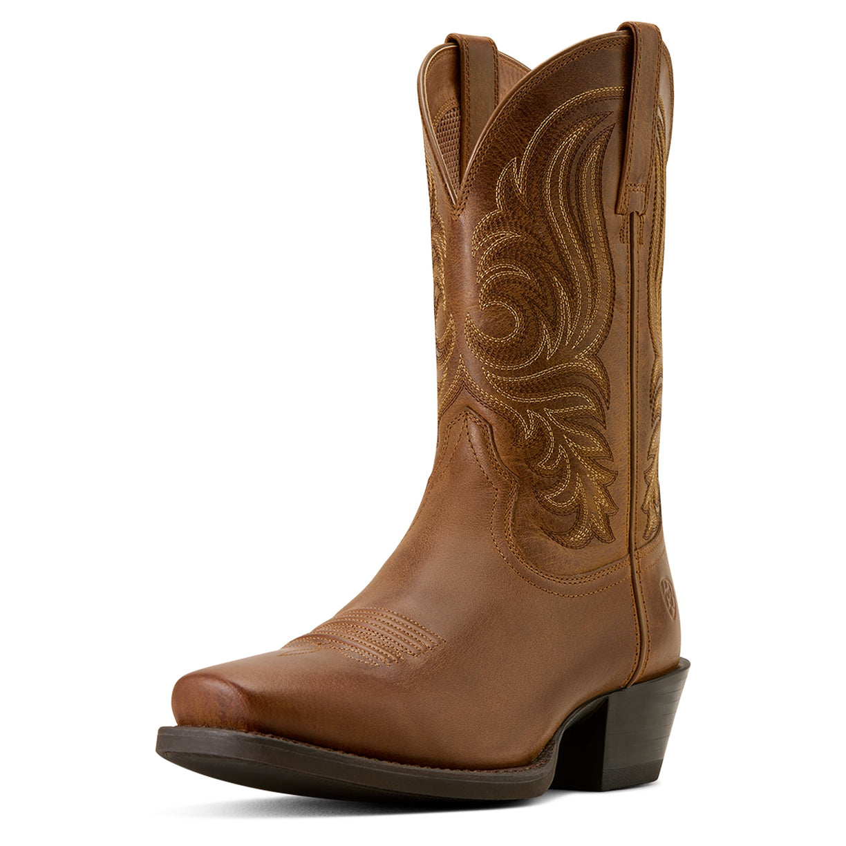 Brown cowboy boot with intricate embossing on a white background