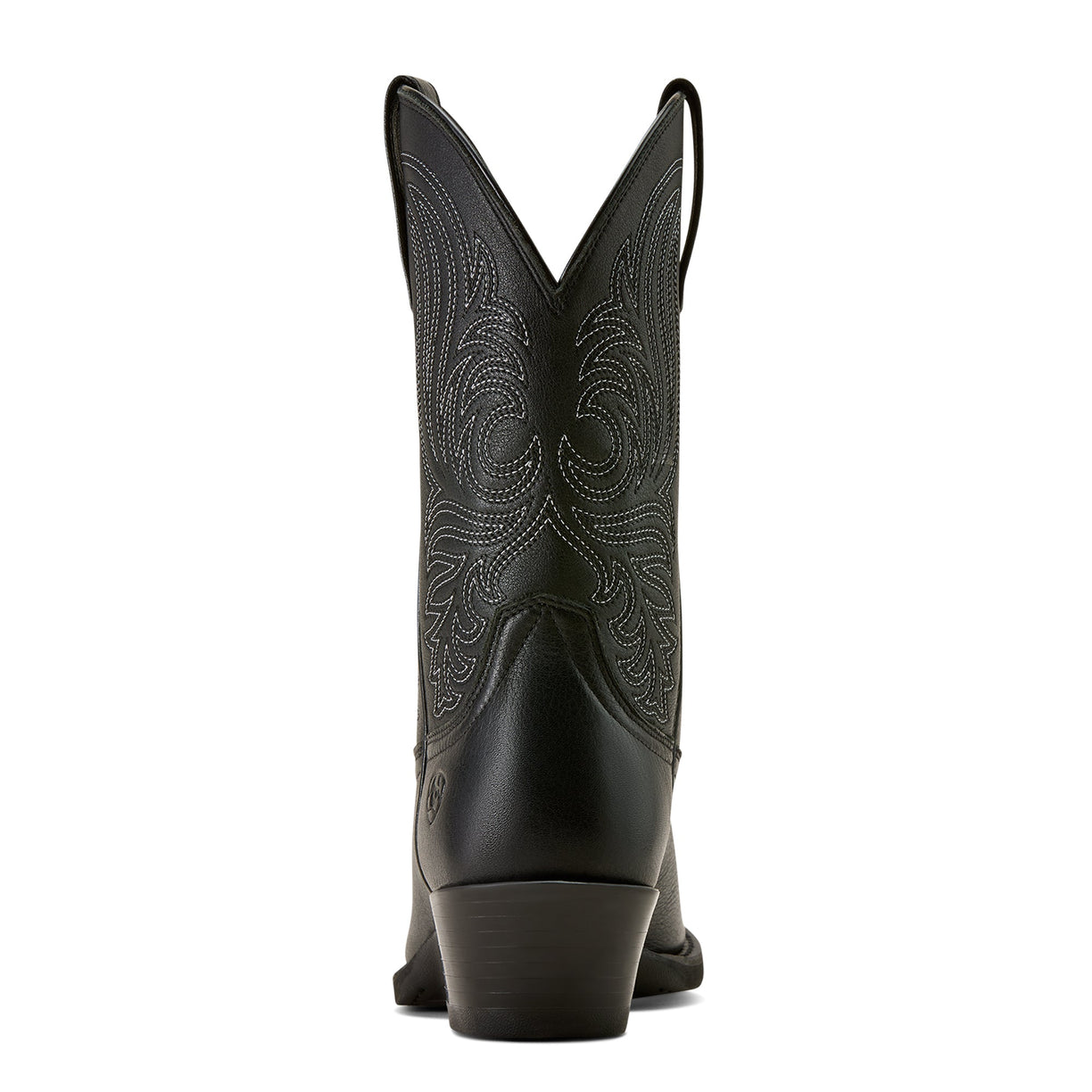 Black cowboy boot with intricate design on a white background