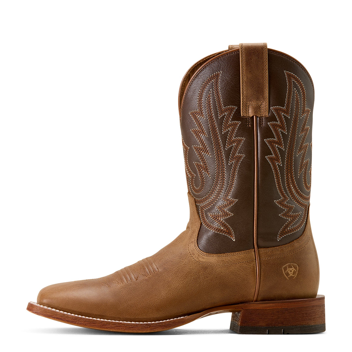 Brown cowboy boot with intricate stitching on a white background