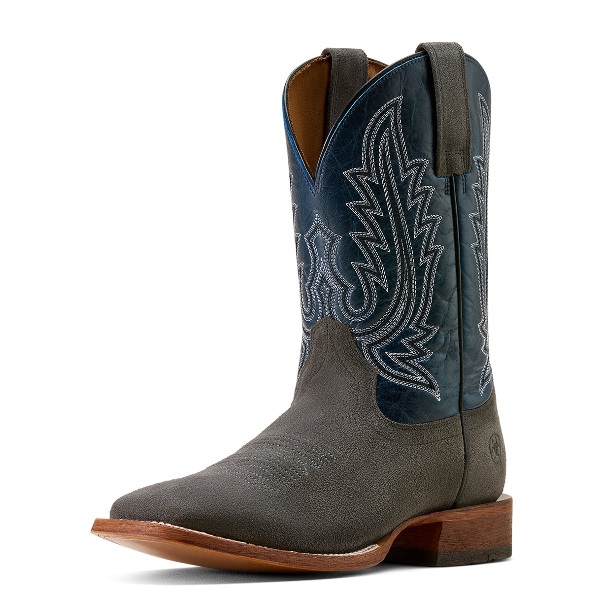 Gray and blue cowboy boot with intricate stitching on a white background