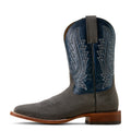 Gray cowboy boot with blue embroidered design on a white background