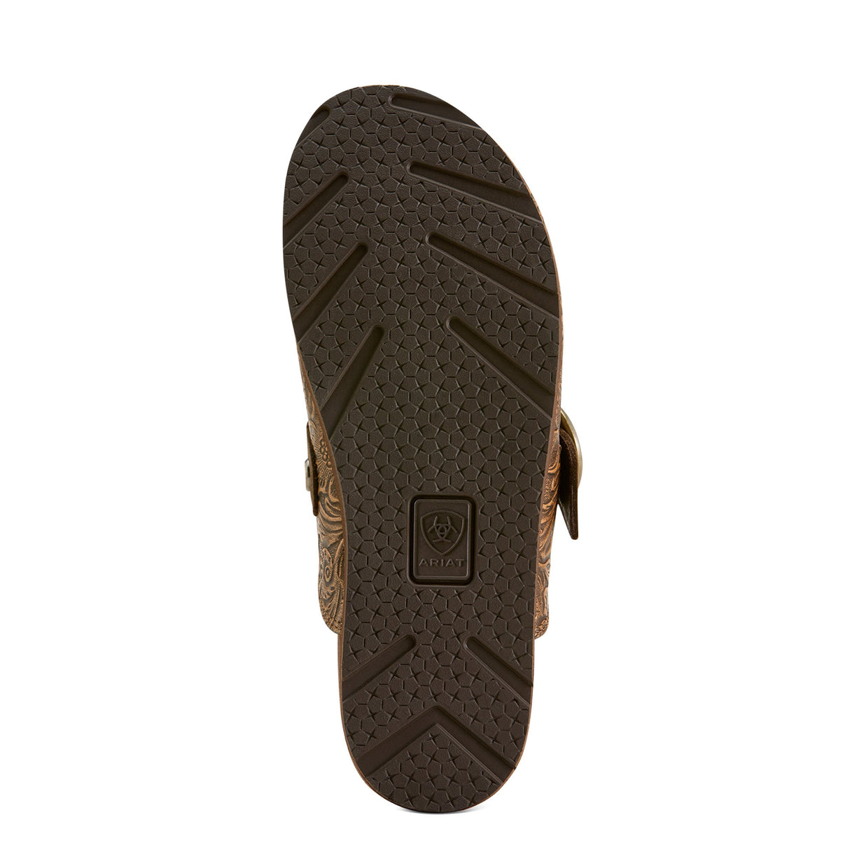 Brown sandal sole with brand logo on a white background