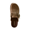 Brown leather clog with intricate design and Ariat logo on a white background
