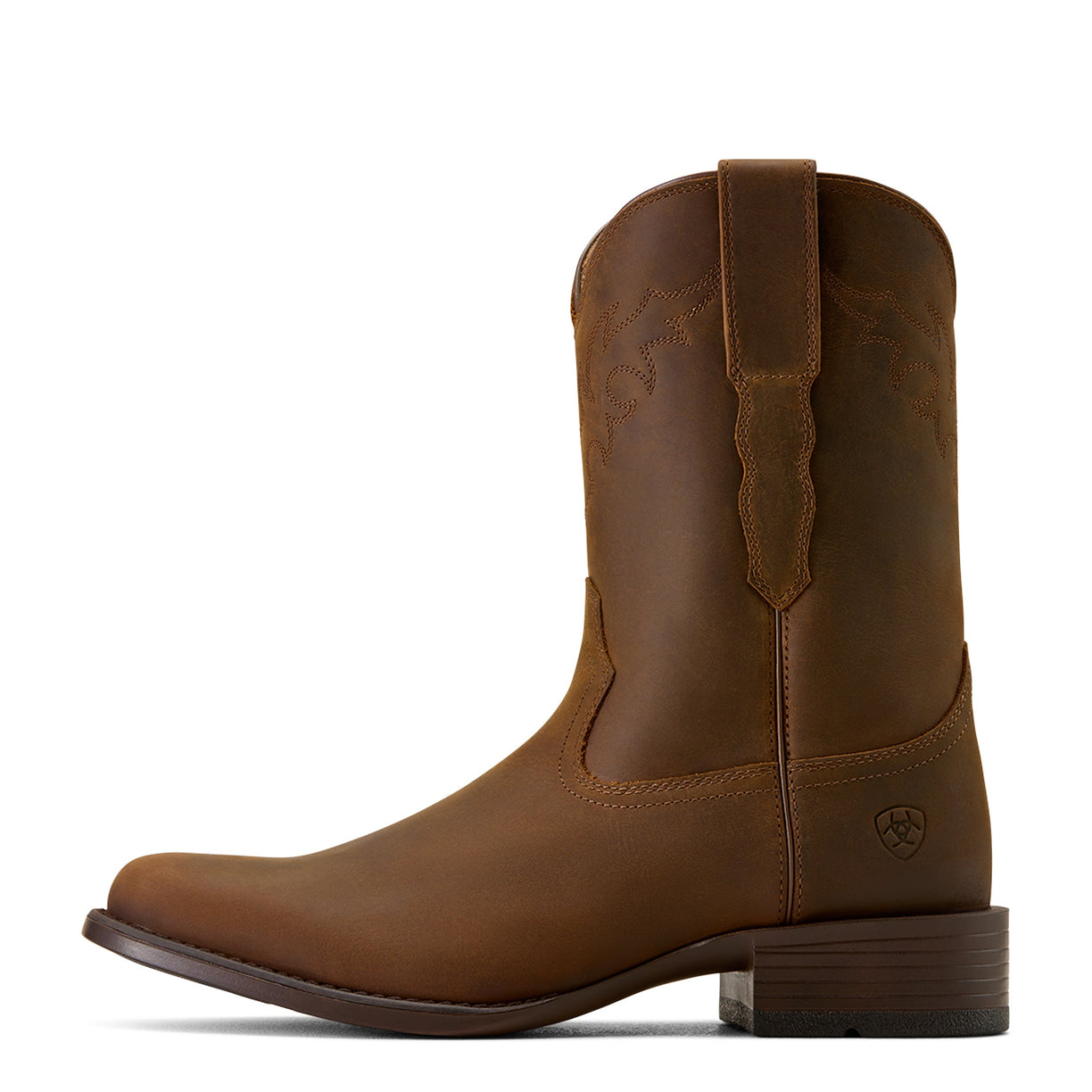 Brown leather boot with a visible brand logo on a white background