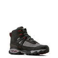 Gray and black hiking boot with red accents on a white background
