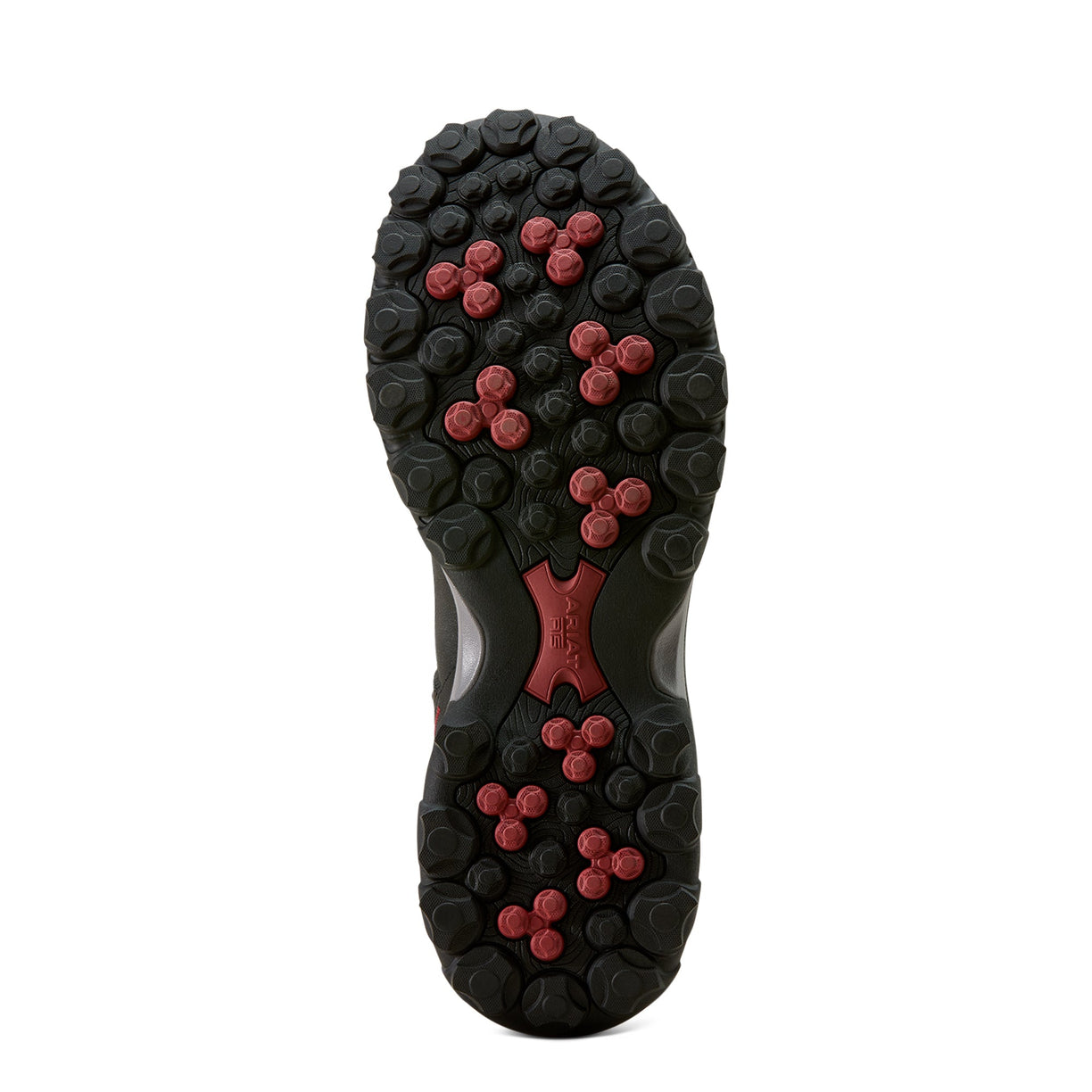 Close-up of a shoe sole with red and black tread pattern on a white background