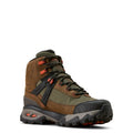 Brown hiking boot with black and gray accents on a white background