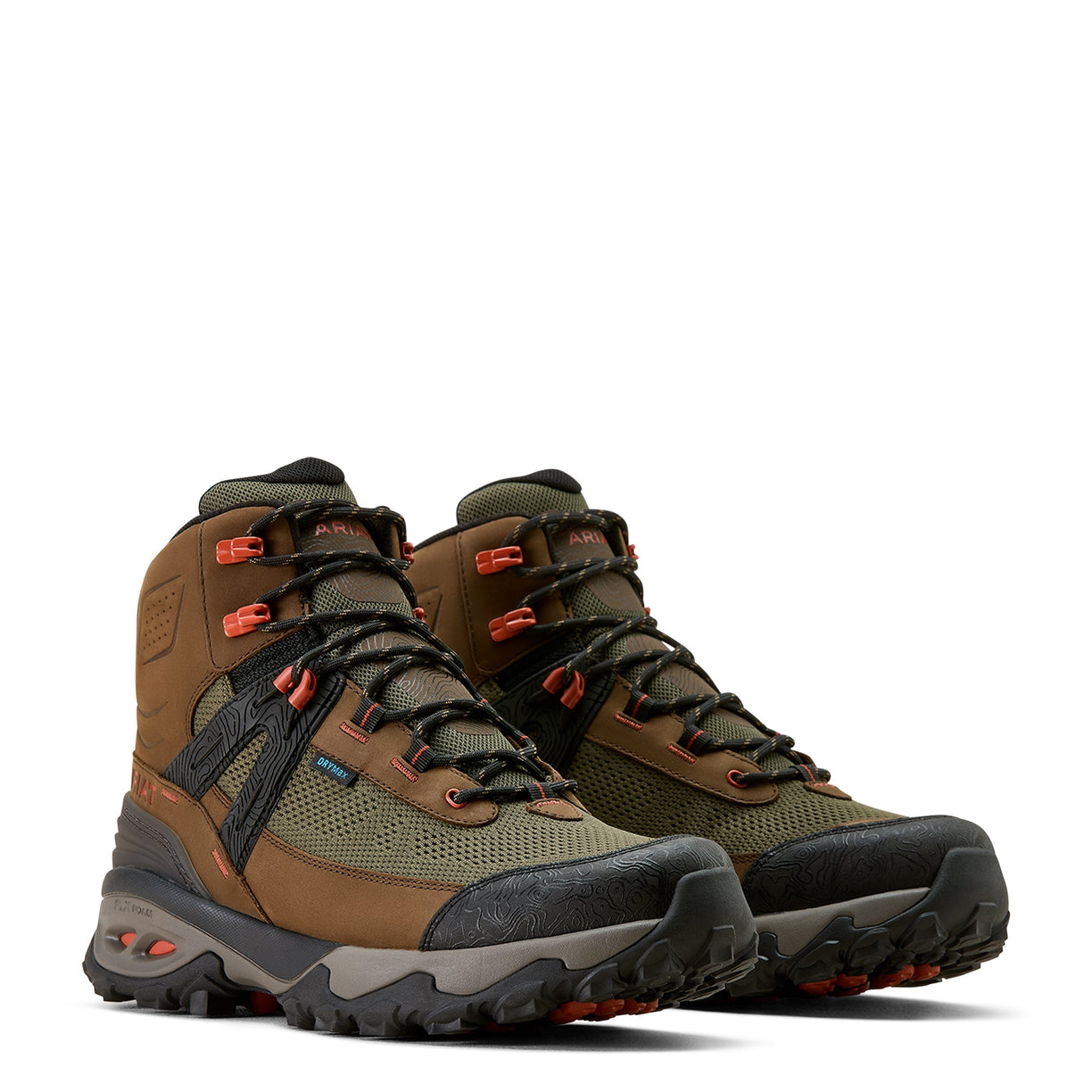 Pair of hiking boots with brown, green, and black color scheme on a white background