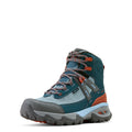 Hiking boot with teal, gray, and orange color scheme on a white background