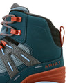 Close-up of a teal and brown Ariat boot with orange laces on a white background