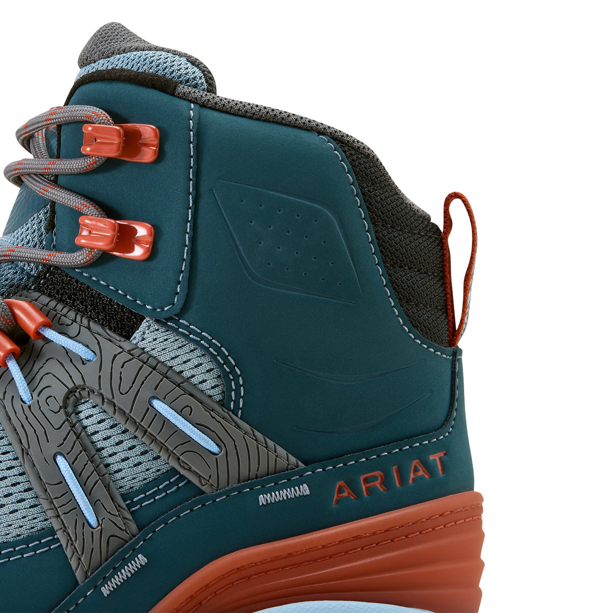Close-up of a teal and brown Ariat boot with orange laces on a white background