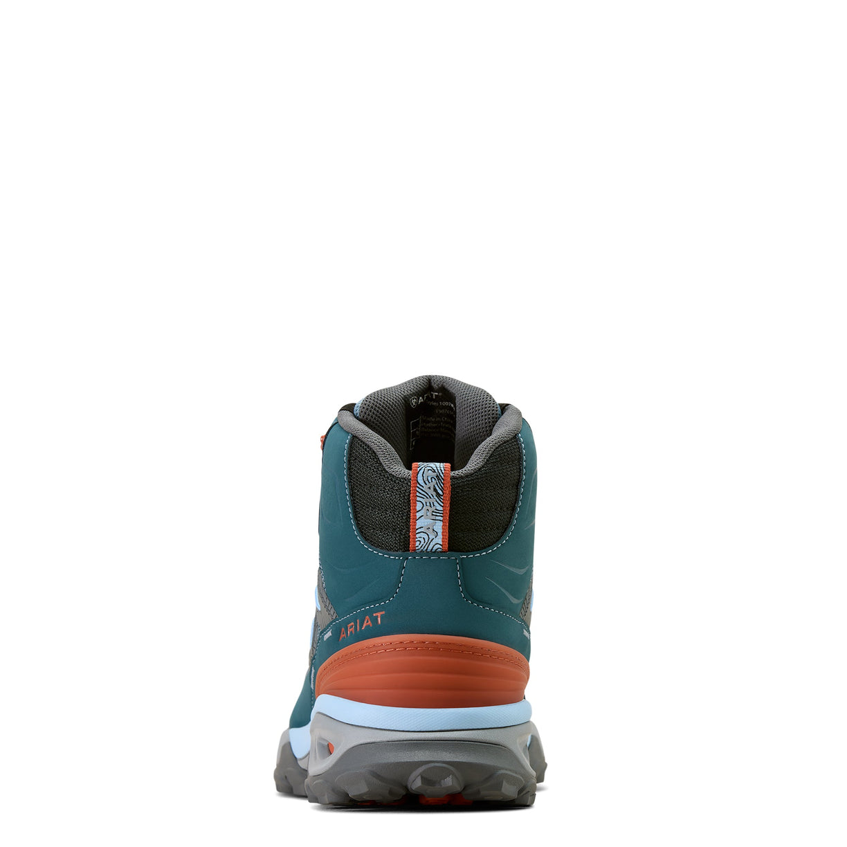 Hiking boot with orange sole and teal upper on a white background