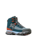 Hiking boot with teal, gray, and orange color scheme on a white background