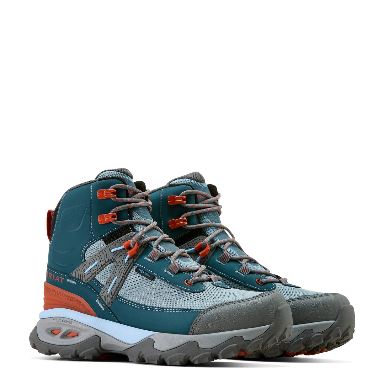 Pair of blue and gray hiking boots with orange accents on a light beige background
