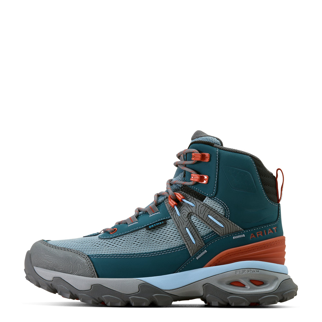 Blue and gray hiking boot with orange accents on a white background