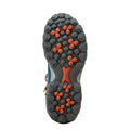 Close-up of a shoe sole with orange and gray pattern on a white background