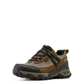 Brown and black hiking shoe on a white background