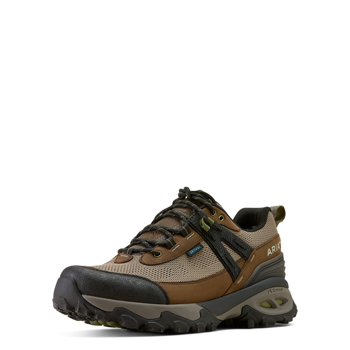 Brown and black hiking shoe on a white background
