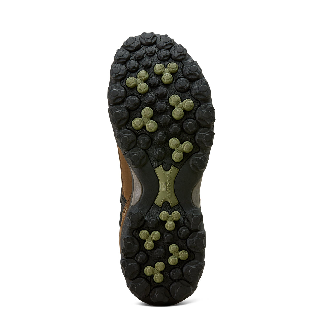 Close-up of a hiking shoe sole with tread pattern on a white background