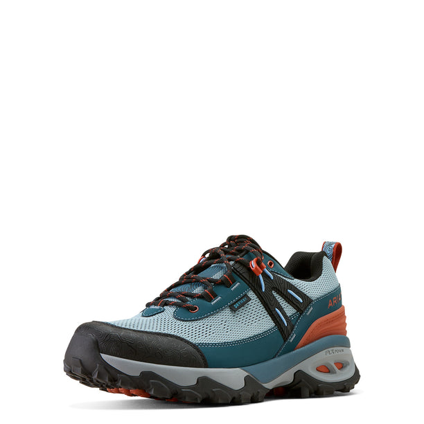 Blue and orange hiking shoe on a white background