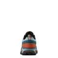 Back view of a blue and orange athletic shoe on a white background