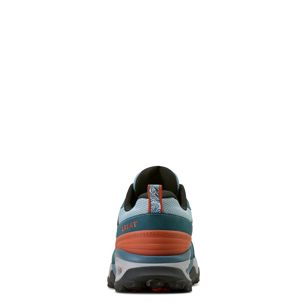 Back view of a blue and orange athletic shoe on a white background