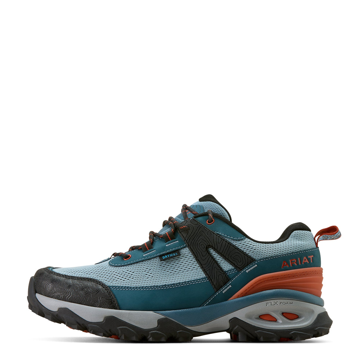 Blue and orange hiking shoe with Ariat branding on a white background