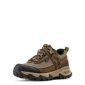 Brown hiking shoe with black sole on a white background