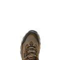 Brown hiking shoe with black sole on a white background