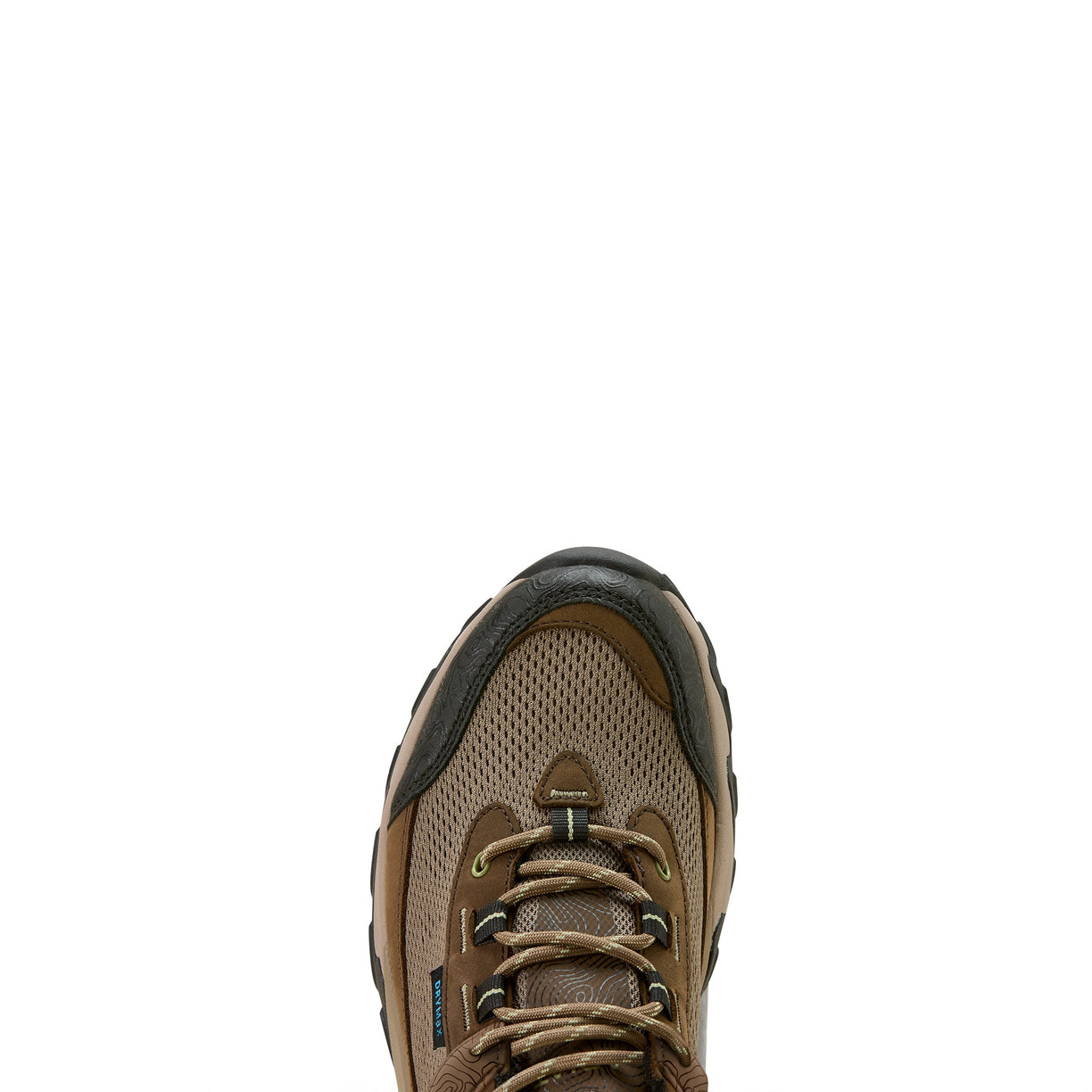 Brown hiking shoe with black sole on a white background