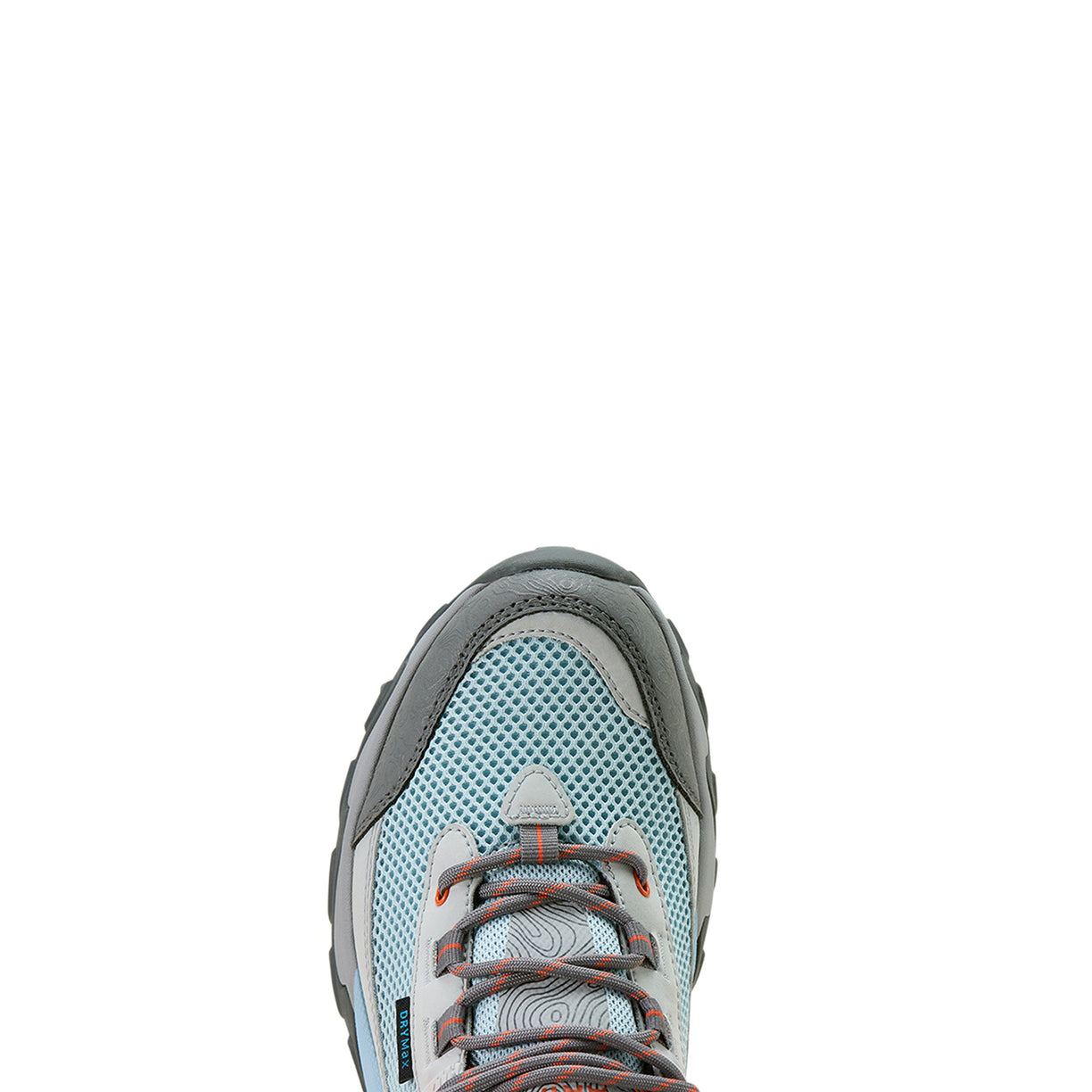 Close-up of a gray and blue athletic shoe on a white background