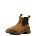 Brown Chelsea boot with black inner lining on a white background