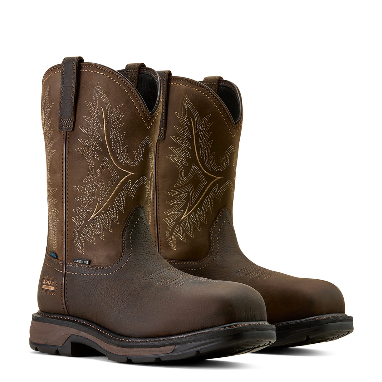 Pair of brown leather boots with decorative stitching on a white background