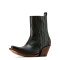 Black leather cowboy boot with brown heel on a white background