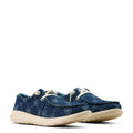 Pair of blue sneakers with white soles on a white background