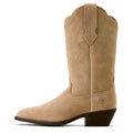 Tan cowboy boot with intricate stitching on a white background