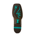 Close-up of a boot sole with teal and brown design on a white background
