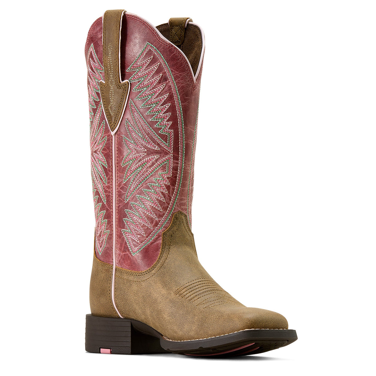 Brown cowboy boot with intricate red and white pattern on a white background