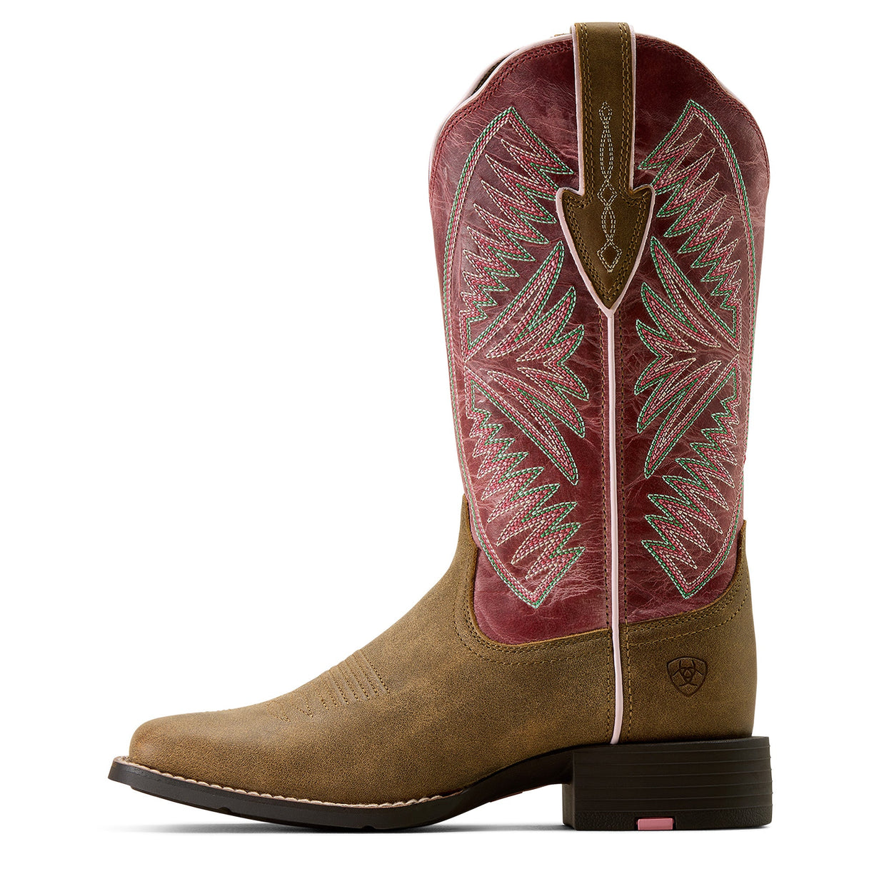 Brown cowboy boot with red and green embroidered interior on a white background