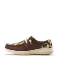 Brown shoe with leopard print accents on a white background