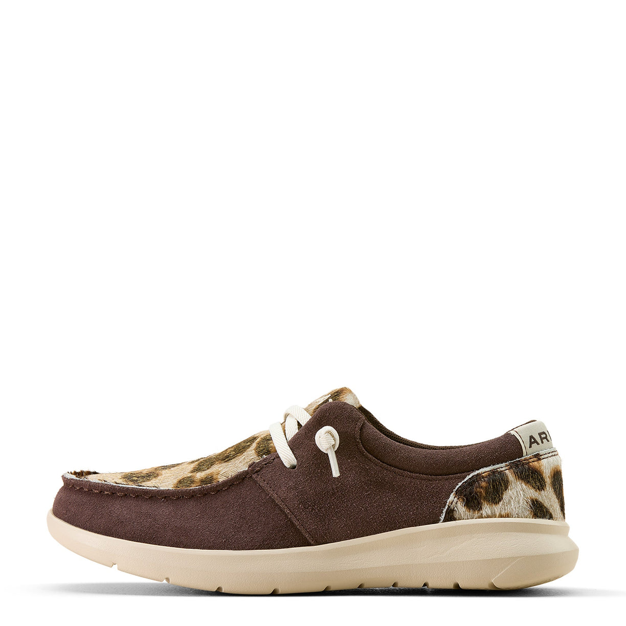 Brown shoe with leopard print accents on a white background