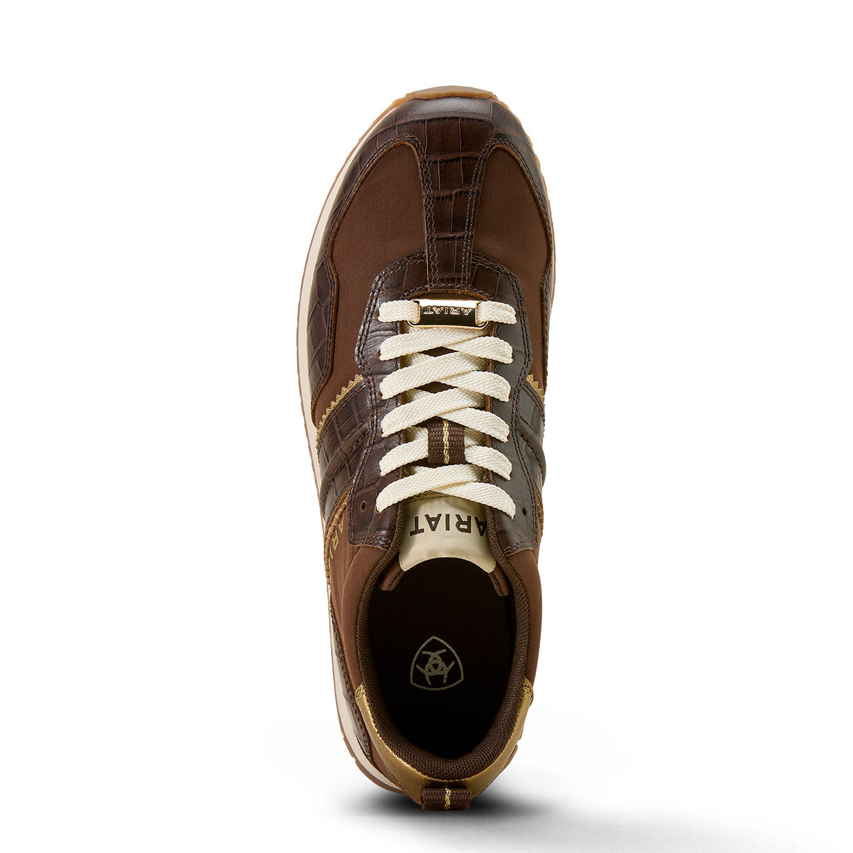 Brown sneaker with white laces on a white background
