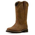 Brown leather boot with intricate stitching on a white background